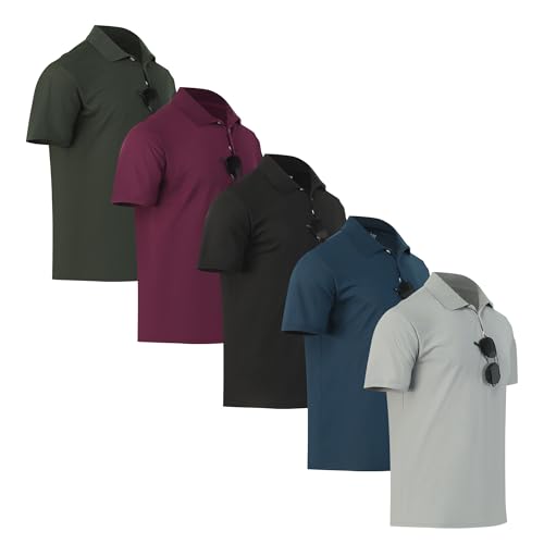 5 Pack Mens Polo Shirt Golf Tennis Collared Sports T-Shirt Casual Athletic Short Sleeve Moisture Wicking