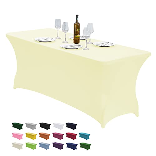 Image of CWK 6FT Waterproof Stretch Spandex Table Cover for Rectangular Tables - Elastic Fitted Tablecloth for Folding Tables,Wrinkle Resistant Table Cloth for Parties, Weddings, Banquets & Events (Beige)