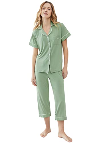 Image of Joyaria Bamboo Viscose Cooling Pajamas for Women Capri Button Front Pjs Set | Ideal for Night Sweats, Hot Sleeper Friendly, Breathable & Moisture Wicking, Short Sleeve Top