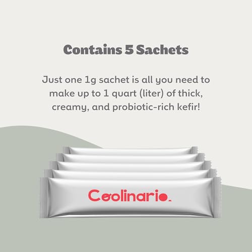 Image of Coolinario Kefir Starter (5-Pack, 1g Sachets) Live Probiotic Cultures | Homemade Kefir Starter Kit, Smooth, Creamy & Tangy, Non-GMO, No Preservatives, Gluten Free