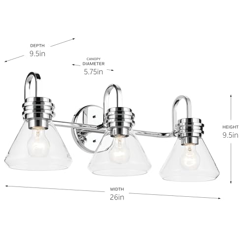 Image of Kichler Farum 26 inch 3-Light Bathroom Vanity Light Fixture with Clear Glass in Chrome, Modern Wall Mount Over Mirror for Single or Double Vanity (26 inch W x 9.5 inch H), 55155CHCLR
