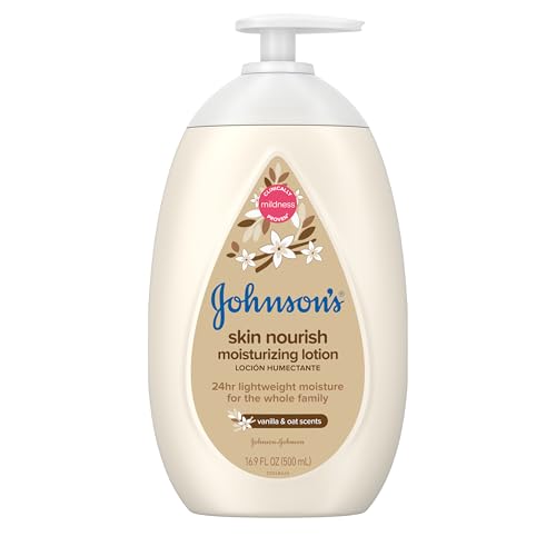 Image of Johnson's Baby Skin Nourish Moisturizing Baby Lotion for Dry Skin with Vanilla & Oat Scents, Gentle & Lightweight Body Lotion for The Whole Family, Hypoallergenic, Dye-Free, 16.9 fl. oz