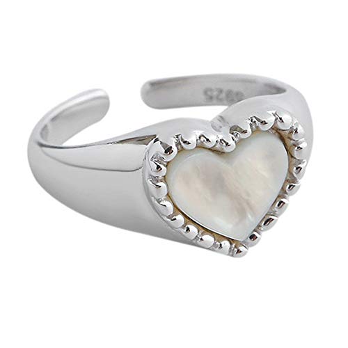 Vintage Heart S925 Sterling Silver Ring for Women Girls Dainty Engagement Promise Love Expandable Open Finger Statement Stacking Rings Adjustable Fashion Valentine Mother's Anniversary Jewelry (Shell Pearl)
