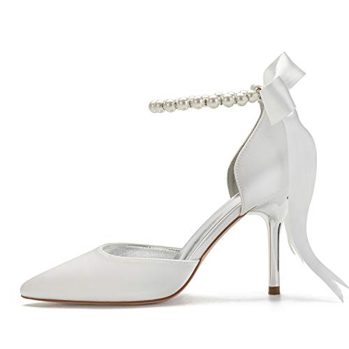 Women's Pearl White Wedding Shoes for Bride High Heels Pointed Toe Bridal Shoes Satin Formal Prom Evening Party Dress Pumps Sandals2