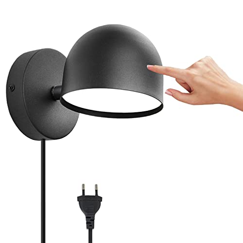 9W LED Innen Wandleuchte Mit Stecker, Touch Control Wandlampe Dimmbar, 350° Drehbare Nachttischlampe, 3000k Warmweiß Einstellbar Leselicht Für Wohnzimmer, Schlafzimmer, Treppen, Flur, Büro,Schwarz Cover