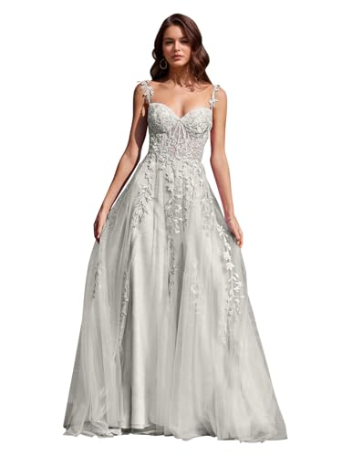 Image of Long Tulle Prom Dresses 2025 V Neck Floral Long Ball Gowns for Women Lace Applique Formal Evening Gowns ACE159