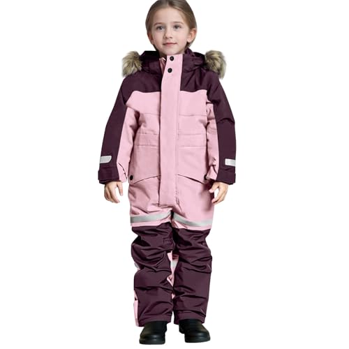 Kids Snowsuit One Piece Waterproof Insulated Ski Suit Warmth & Comfortable Winter Jumpsuits for Skiing Snowboarding Pink