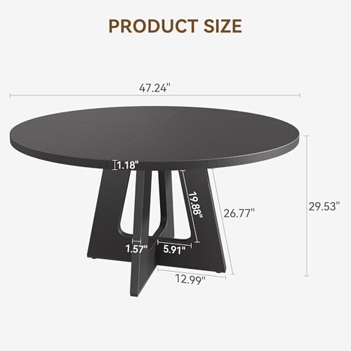 GarveeHome 47-Inch Round Large Dining Table Set for 4 to 6, Farmhouse Dinner Table with Wooden Top and Legs for Home Dining Room or Living Room - Black(No Chairs)