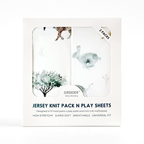 stretchy ultra soft jersey knit fitted pack n play sheets set 2 pack portablemini crib sheets for boys and girls stylish playard sheets fitted safe and snug african savannah animals pattern