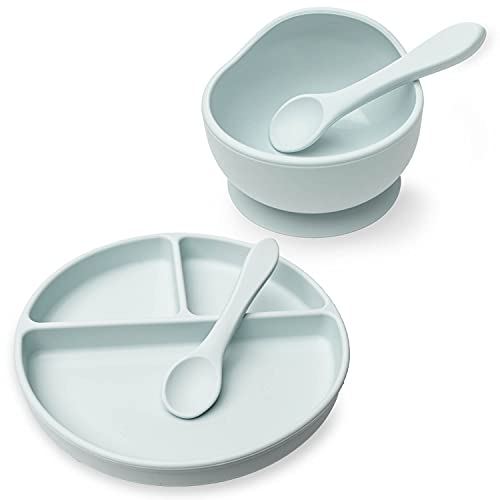 Image of Ullabelle Toddler Plates, Bowls, & 2 Spoons for Babies - Silicone Suction Non-Slip Baby Feeding Set Kids - BPA Free (Sage)