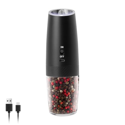ELMWAY Gravity Rechargeable Salt and Pepper Grinder by ELMWAY – Automatic Electric Salt & Pepper Mill with Adjustable Coarseness, One-Hand Operation, LED Light & Safety Switch – Black (Single)