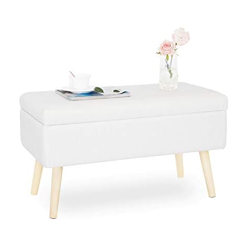 Storage Bench with Cushion Pouffe Foot Stool Ottoman Stool Chair with Wooden Legs for Living Room Hallway Entryway Salon Dressing Table Indoor Shoe Bench Bed Settee 2seater White Cover