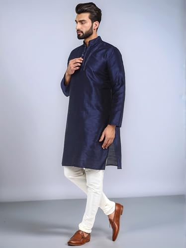 Image of SKAVIJ Men's Dupion Silk Embroidered Kurta Pajama Mandarin Collar Ethnic Motifs Festive Party Dress