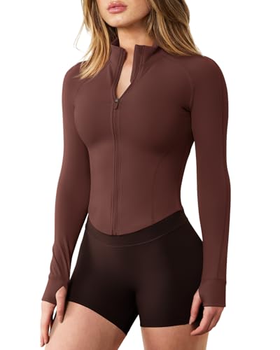 Image of GYM RAINBOW Womens Zip Up Workout Jacket Cropped Slim Fit Athletic Jacket Lightweight Gym Yoga Tops with Thumb Holes(#1 Cinnamon Bark,Medium)