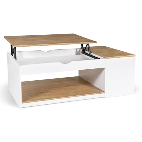 IDMarket - Table Basse Plateau relevable rectangulaire ELEA avec Coffre Bois Blanc et façon hêtre