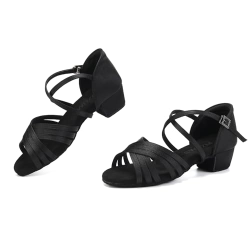 SWDZM Girls Latin Dance Shoes Low Heels Ballroom Salsa Tango Practice Dance Shoes for Girls Kids,Black,Heel 1 3/8 inch,Suede Sole,4.5 US Big Kid3