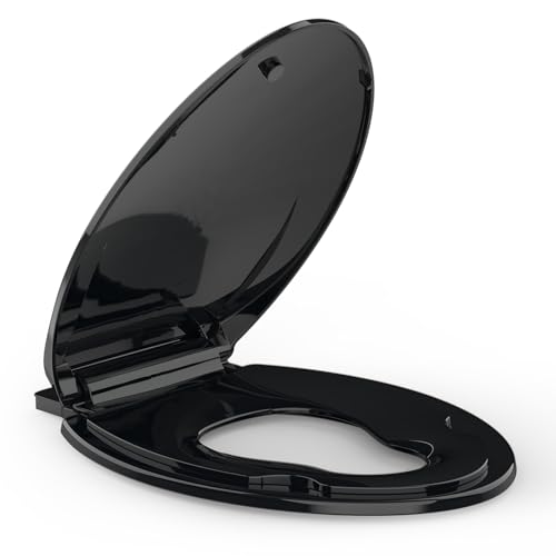 Elongated Toilet Seat with Built-in Toddler Seat for Easy Potty Training – Slow Close Feature,Easy Install and Clean, Perfect for Both Adults and Children,Black