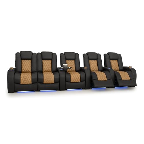 Image of Seatcraft Diamante Black /Tan Oak Italian Leather Home Theater Seating, Zero Gravity Power Recliner, Gaming and Home Office Chair, Powered Headrest Furniture for Cinema Room, Row of 5 Left Loveseats