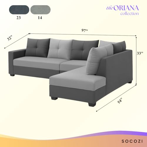 Image of SOCOZI Oriana 6 Seater RHS L Shape Sofa Set | Soft Velvet Suede Fabric | Modern Design | Plush Comfort Cushions for Living Room (Light Grey- Dark Grey)