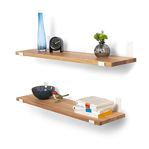 Rikmani Schweberegal massiv Eiche Wandregal Hängeregal Bücherregal Regalbrett für Schlafzimmer, Wohnzimmer, Küche, Kinderzimmer, Holzregal Holzoptik DOK (Weiss/ Hell - 20 cm) 80 cm Cover