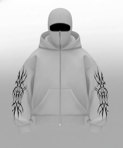 Image of Ninja Balaclava Zipper Hoodie for Men - Black Full Zip Hooded Jacket with Face Cover, Heavyweight Cotton 350 GSM Fleece Winter Streetwear Hoodie