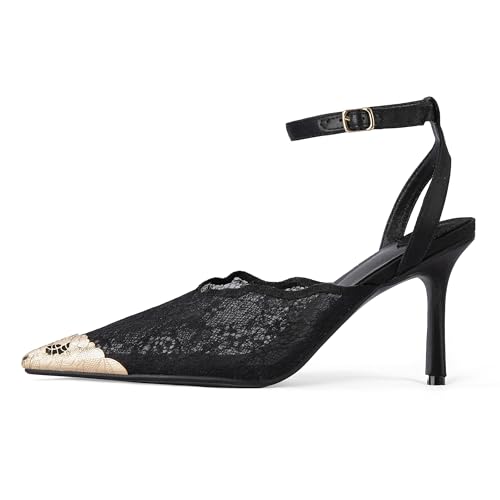 Kluolandi Women's Lace Pumps with Metal Pointed Toe Breathable Mesh Summer Ankle Strap Stiletto High Heels Wedding Bride Shoes Black Size 6 by Kluolandi - Used condition - Image 3