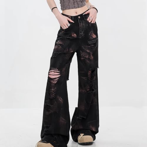 Fashion Harajuku High Waisted Straight Leg Denim Pants Y2K Vintage Ripped Fringe Tie-Dye Streetwear Jeans4