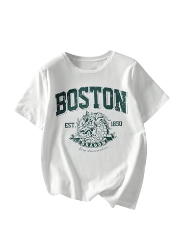 RoseSeek Women's Graphic Letter Tee Crew Neck Drop Shoulder Trendy Summer T Shirt Short Sleeve Vintage Car Print Top White with Green Small