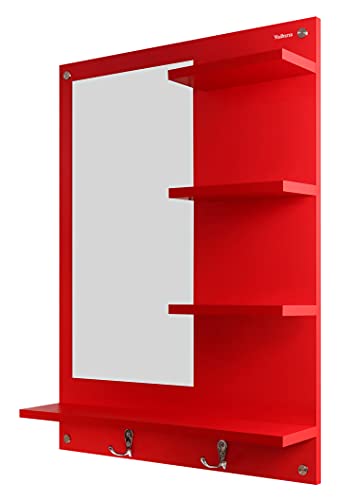 Image of Madhuran Blejaa Engineered Wood Wall Mounted Dressing Mirror with Storage Shelf | Rectangular Bathroom Wash Basin Vanity Mirror for Bedroom, Living Room & Makeup Area | 60 x 80 cm | Red