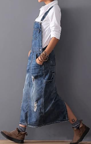 loveimgs Women Distressed Denim Overall Dress Bib Long Jean Jumper Ripped Adjustable Straps Patchwork Pinafore Dress3