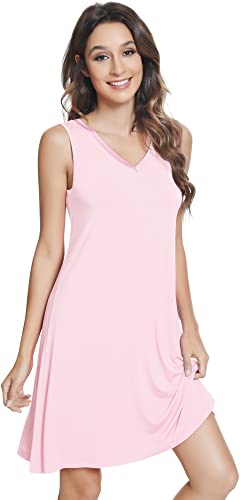 Nachila Bamboo Nightgowns For Women Sleeveless Sleepwear Soft V Neck Sleep Shirt Plus Size Night Dress Pink S #TOP22