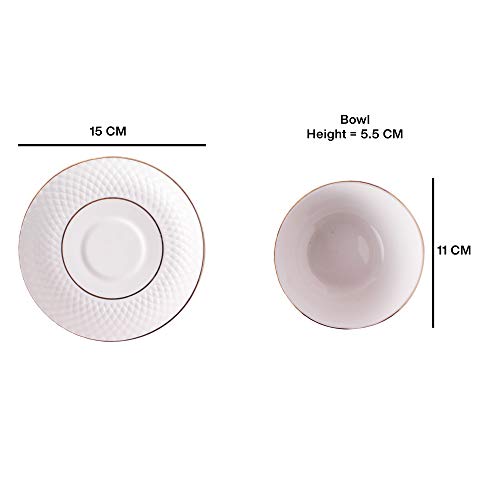 Image of E-Ezra Indian Tableware Ceramic Bone China White Soup Bowls Cup with Spoons & Saucer /Deep Maggi Cup Microwave Safe (Embossed White)