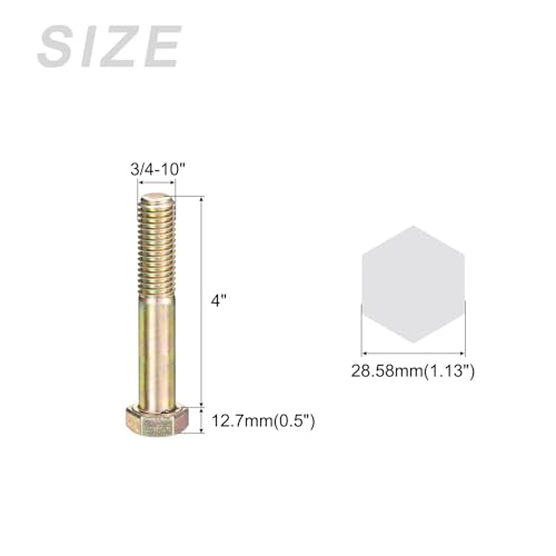 Image of METALLIXITY Hex Bolts (3 /4-10x4) 1Pcs, Carbon Steel Zinc Plated Partial Threaded, Coarse Thread UNC Hex Head Screw Bolt - for Furniture Repair, Yellow