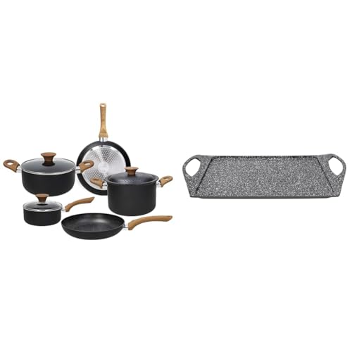 Tognana Rock In Wood, Batteria di pentole e padelle, Set con 2 padelle, 2 casseruole, 1 pastaiola & Sphera Grill Rettangolare, antiaderente Alluminio