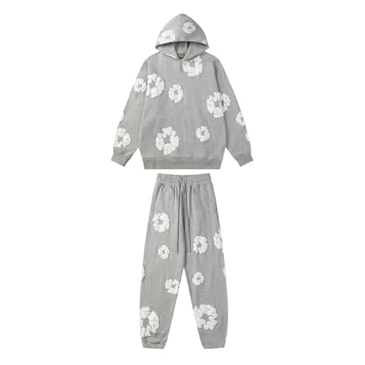 QNHHERNT Denim Tears Tuta Sportiva con Cappuccio da Uomo E da Donna, Tuta Jogging Sportiva Set con Stampa in Schiuma, Felpe E Pantaloni Streetwear Hip Hop Y2K ﻿(Light Gray,M)