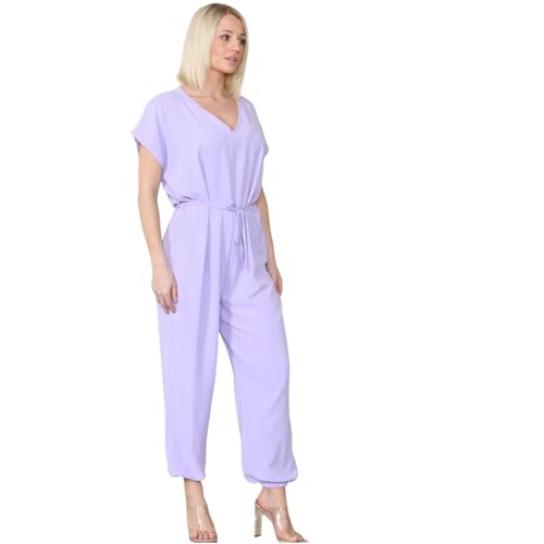 WearAll Jumpsuit for Women Tie Belted Waist V-Neck Harem Wide Leg Cuffed Dungarees Overalls Joggers Long Pants Baggy Trousers Summer Short Sleeve Wide Rompers Collar Loose Playsuit Lilac 8-16