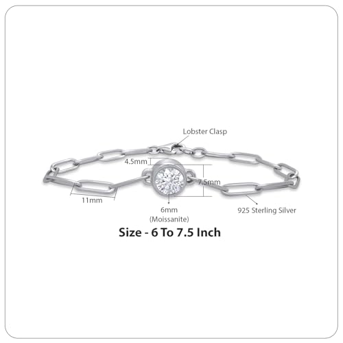 SAVEARTH DIAMONDS 3/4 CT 6MM Round Cut Lab Created Moissanite Diamond Solitaire Paperclip link Bracelet For Women In 14K Gold Over Sterling Silver Size : 6 to 7.5 Inch, (0.75Cttw)2