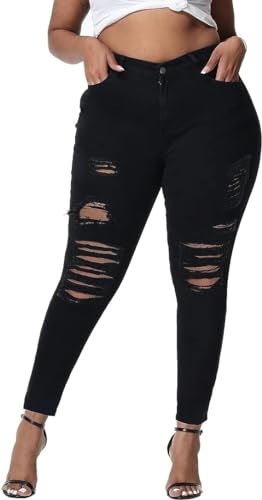 Women’s Plus Size Blue/Black Denim Jeans Skinny Ripped Distressed Pants4