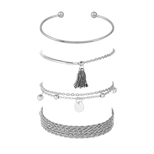 Branets Lot de 4 bracelets boho à pampilles en argent et perles et paillettes-Pour femme et filles