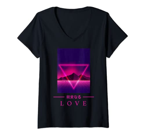 Mujer Retrowave - LOVE - Japanese Art Aesthetic Vaporwave Anime Camiseta Cuello V