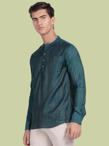 Image of KRYPTIC Men's Full Sleeve Regular Fit Short Kurta in Premium Pure Cotton with Patch Pocket and Mandarin Collar - Perfect Blend of Style and Comfort