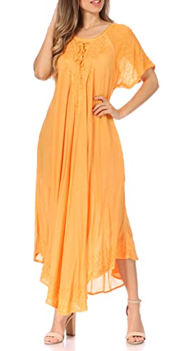 Image of Sakkas Egan Long Embroidered Caftan Dress /Cover Up with Embroidered Cap Sleeves