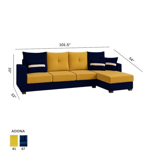 Image of CASASTYLE Vogue 5 Seater Fabric RHS L Shape Sofa Set (Yellow-Dark Blue) Velvet Finish | Comfortable Sectional Sofa for Living Room
