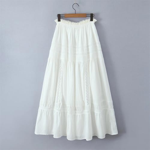 Women Holiday Embroidery Hollow Lace Ribbon Elastic Waist Skirt Ankle Length Long A-Lined Swing Skirts4