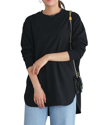 [ピエロ] コットン ロングスリーブ Tシャツ ロンT 長袖 カットソー クルーネック レディース M ブラック MDのサムネイル
