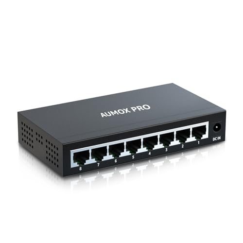 Image of 8 Port Gigabit Unmanaged Ethernet Switch, AUMOX PRO Home Network Hub, Office Ethernet Splitter, Plug-and-Play, Silent Operation, Desktop or Wall Mount, Fanless Metal Design