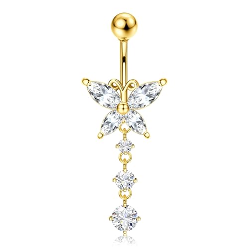 Jstyle G23 Titanium Dangle Belly Button Rings for Women 14G Internally Threaded Belly Ring Dangling Piercing Jewelry with Butterfly CZ Hypoallergenic Navel Piercing Ring 14K Gold Plated