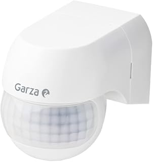 Garza - Mini Detector de movimimiento por infrarrojos para interior y exterior, protección IP44, tiempo y luminosidad regulables, ángulo detección 180º, blanco