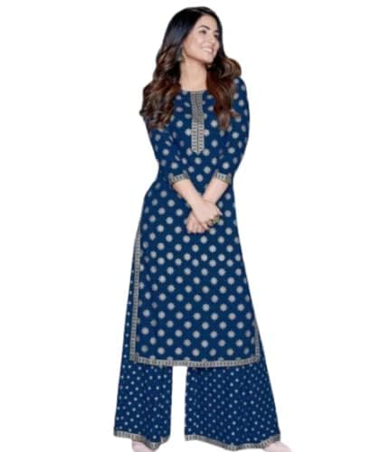 Image of Women Rayon Straight Golden Foil Printed Kurta with Palazzo || Kurti with Palazzo Set for Casual Party & Festival Wear in Round Neck with 3 /4 Sleeve for Girls
