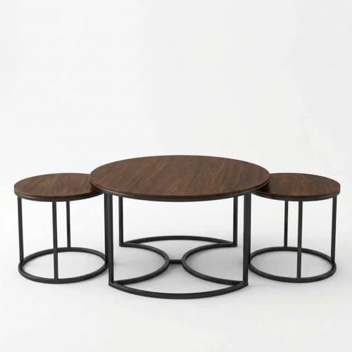Image of 3 Piece Living Room Table Set, 1 Center Table and 2 End Nesting Tables NO-Tools Assembly Round Stacking Coffee Side Tables for Small Spaces, Nightstand Bedside Table